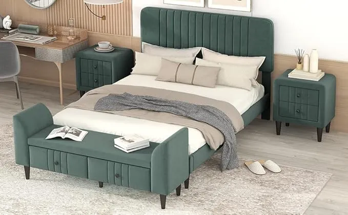 Zavior Luxury Upholstered Bedroom Set with Platform Bed and Bench in Multiple Sizes
