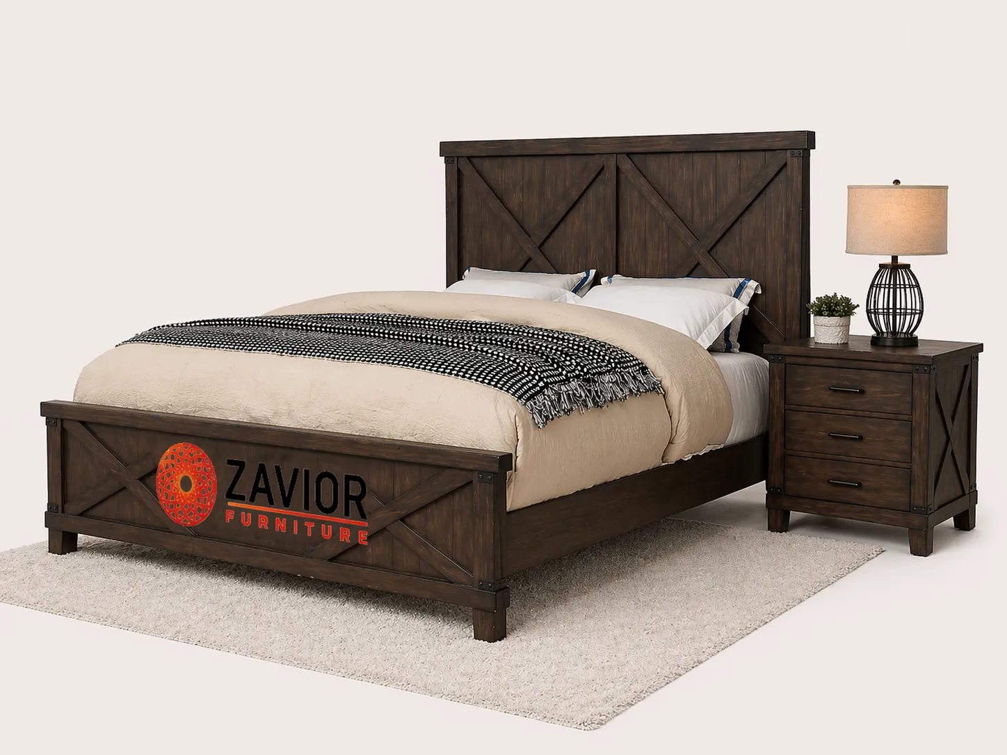 Zavior Rustic Dark Walnut Panel Bed and Nightstand Set