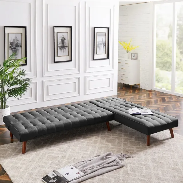 Reversible Sectional Sleeper Sofa Black Fabric With Wood Legs | Modern Comfort in Dubai – furniture