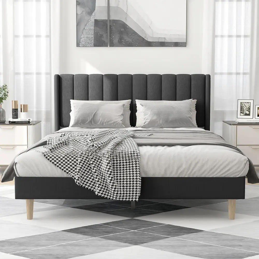 Zavior Upholstered Platform Bed with Wingback Headboard in Multiple Sizes