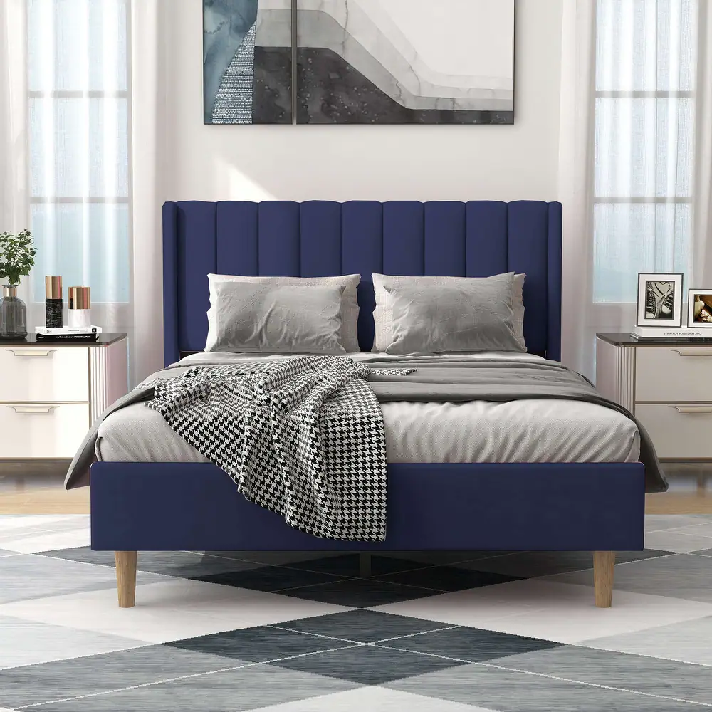Zavior Upholstered Platform Bed with Wingback Headboard in Multiple Sizes