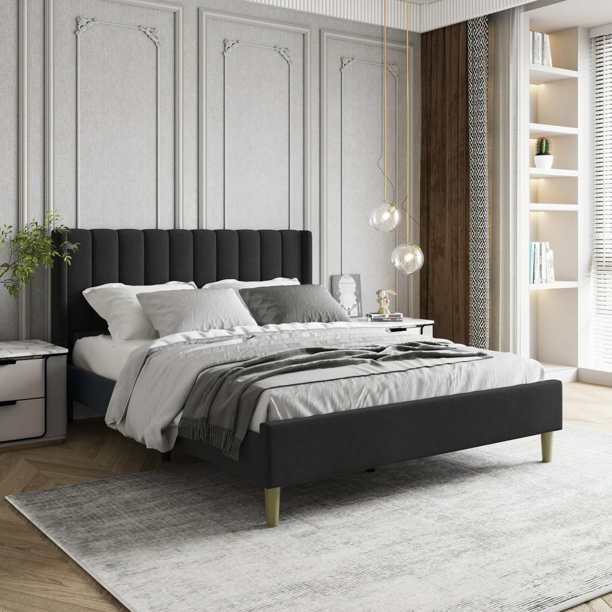 Zavior Upholstered Platform Bed with Wingback Headboard in Multiple Sizes