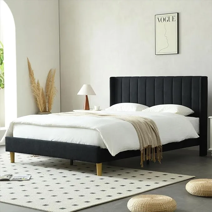 Zavior Upholstered Platform Bed with Wingback Headboard in Multiple Sizes