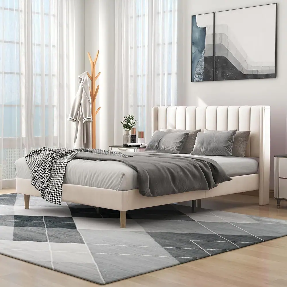 Zavior Upholstered Platform Bed with Wingback Headboard in Multiple Sizes