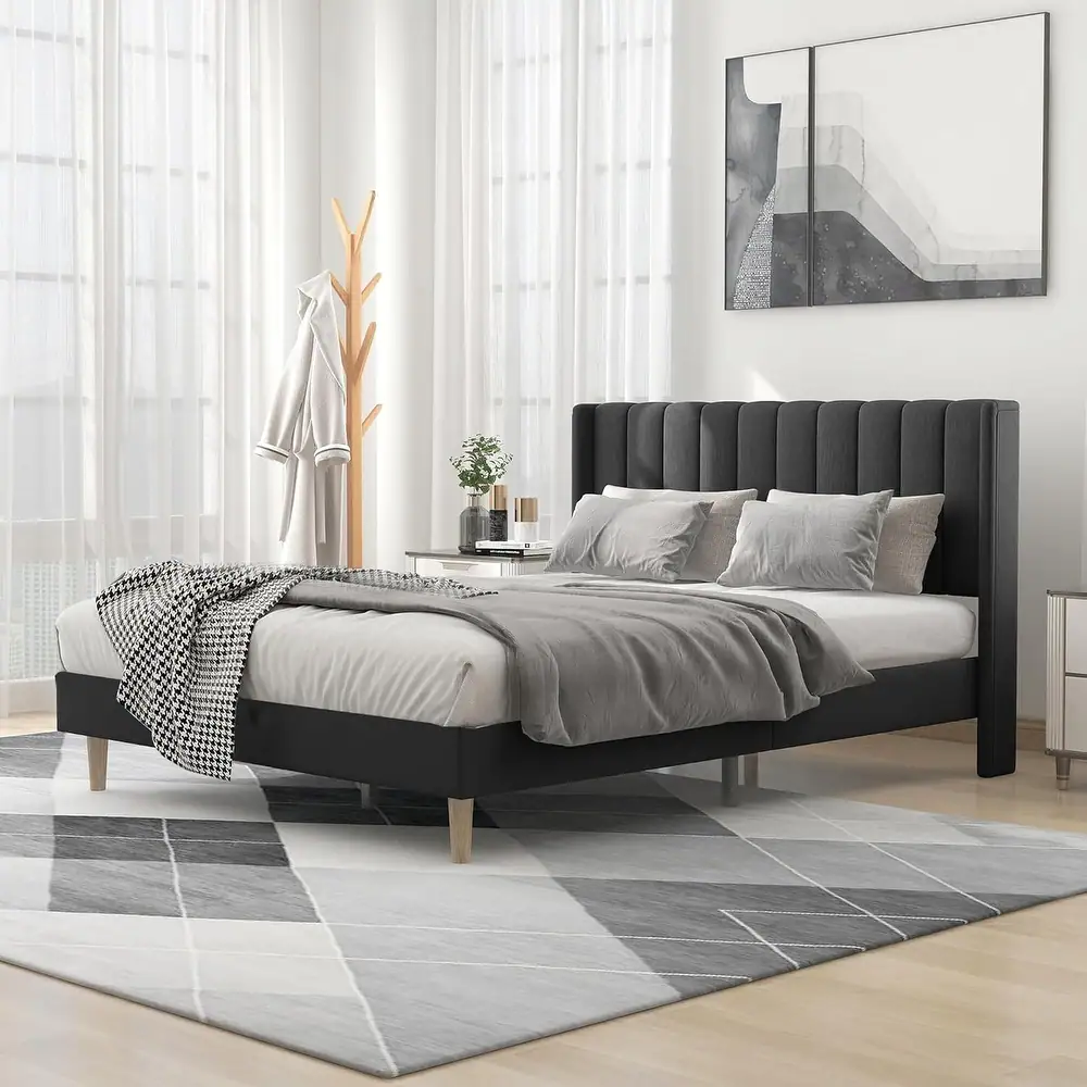Zavior Upholstered Platform Bed with Wingback Headboard in Multiple Sizes