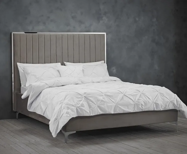 Zavior Grey Velvet Bed Frame with Mirrored Headboard