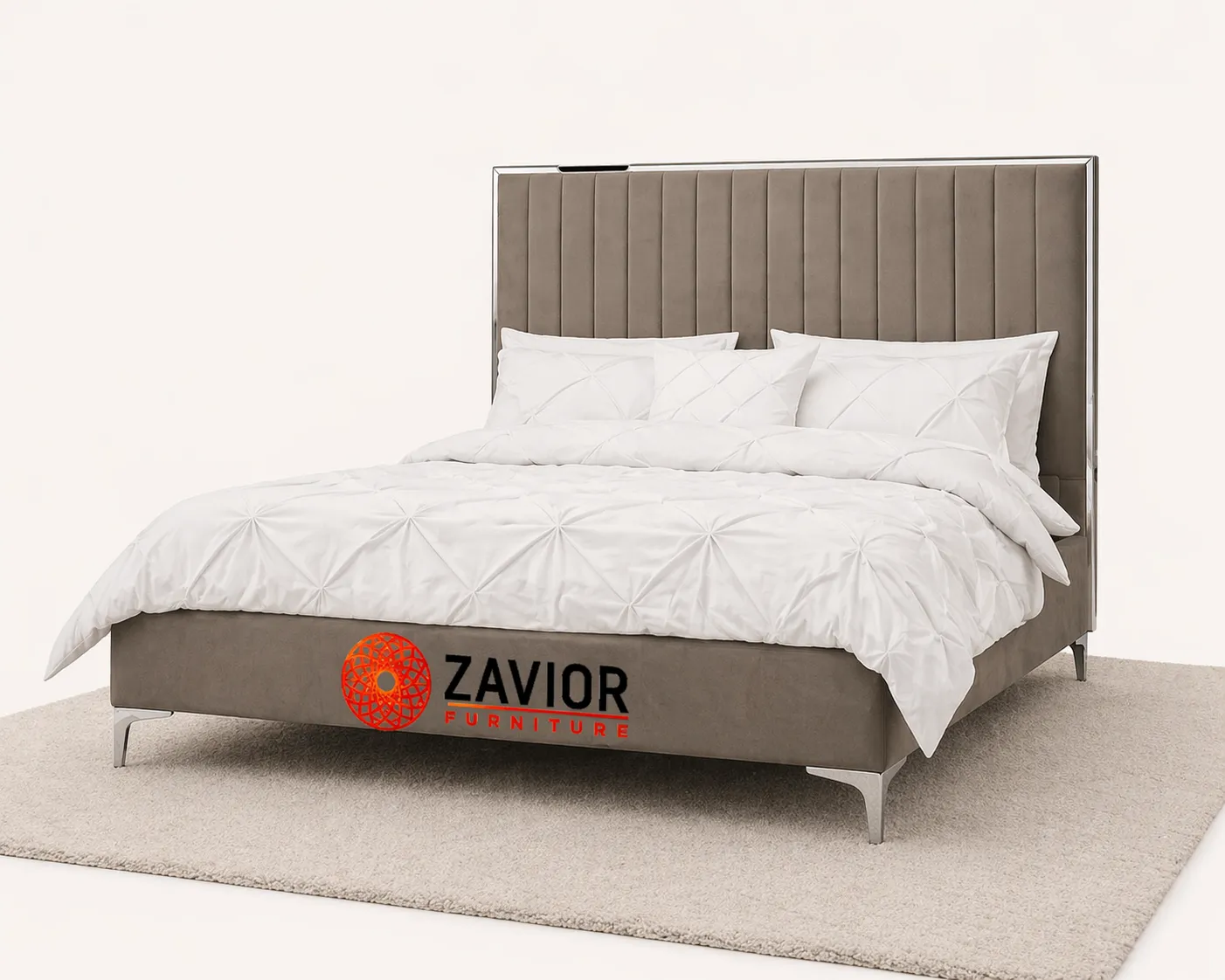 Zavior Grey Velvet Bed Frame with Mirrored Headboard