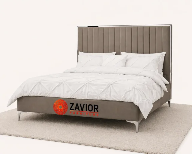 Zavior Grey Velvet Bed Frame with Mirrored Headboard