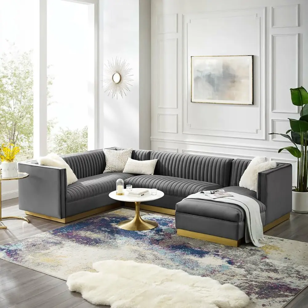 Cecilie Wide Velvet Symmetrical Sectional Sofa – U-Shaped Luxury with Gold Accents – furniture