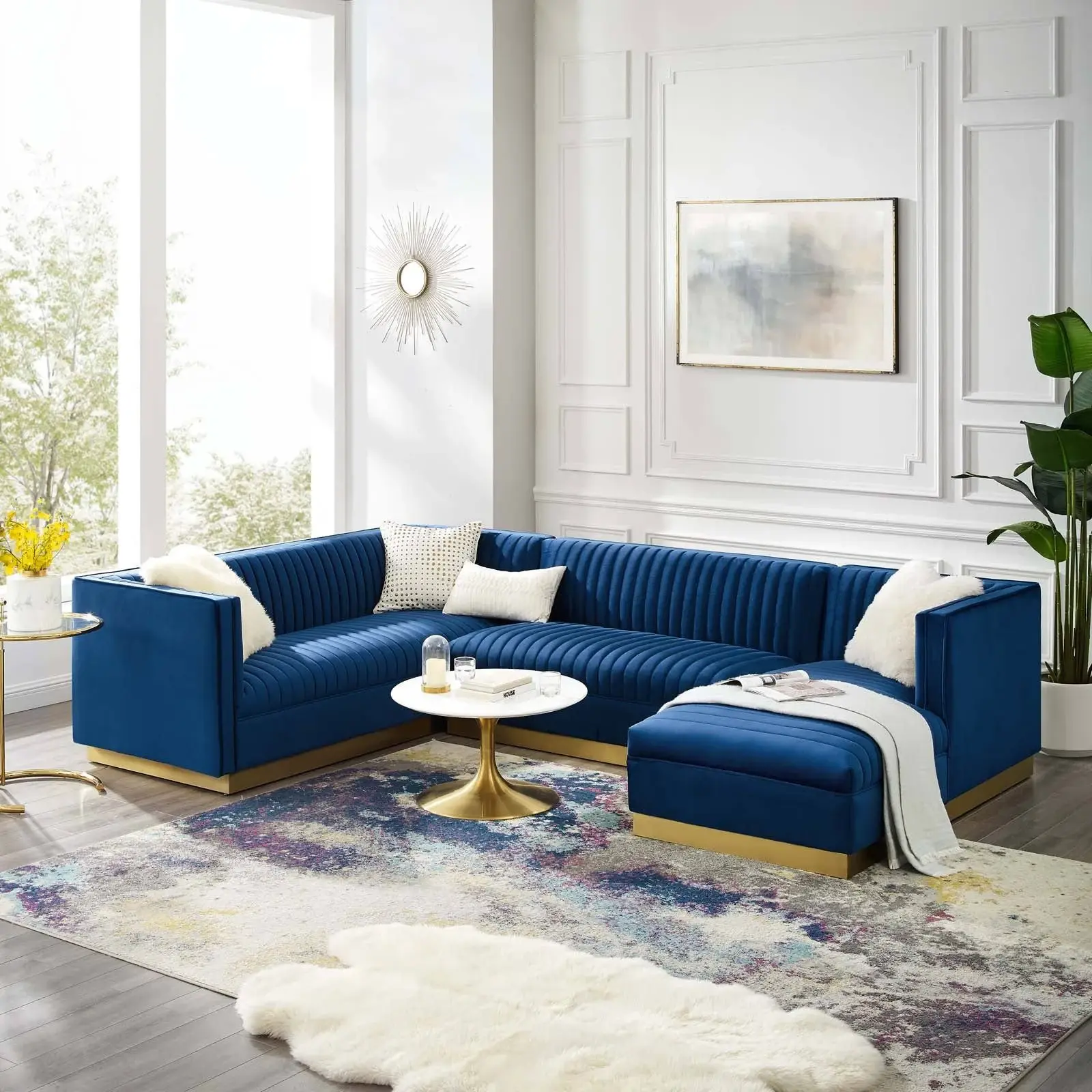 Cecilie Wide Velvet Symmetrical Sectional Sofa – U-Shaped Luxury with Gold Accents – furniture