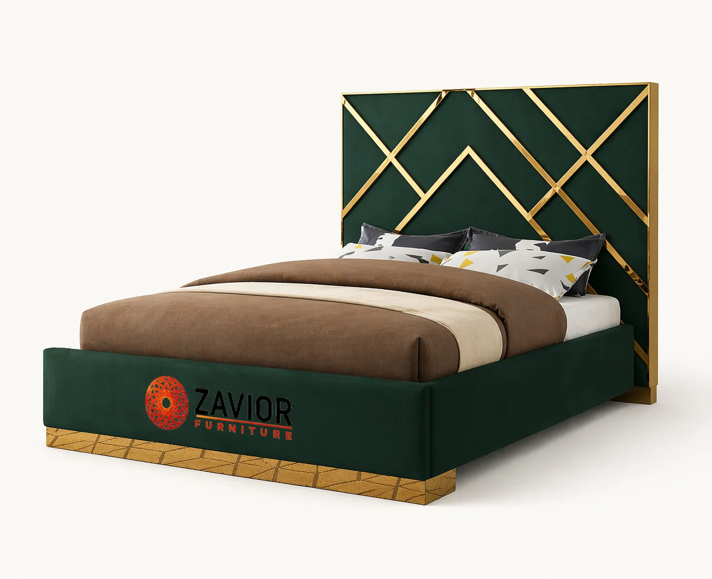 Zavior Luxury Velvet Upholstered Bed with Gold Accent Frame
