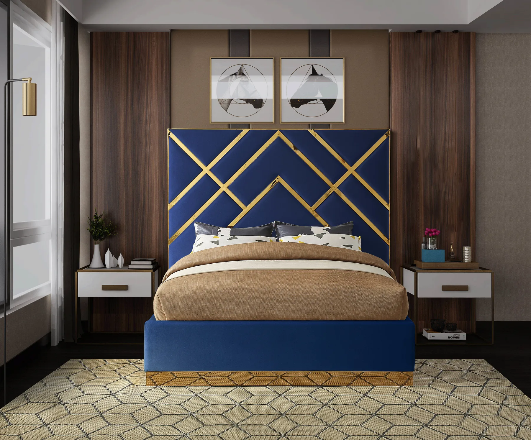Zavior Luxury Velvet Upholstered Bed with Gold Accent Frame