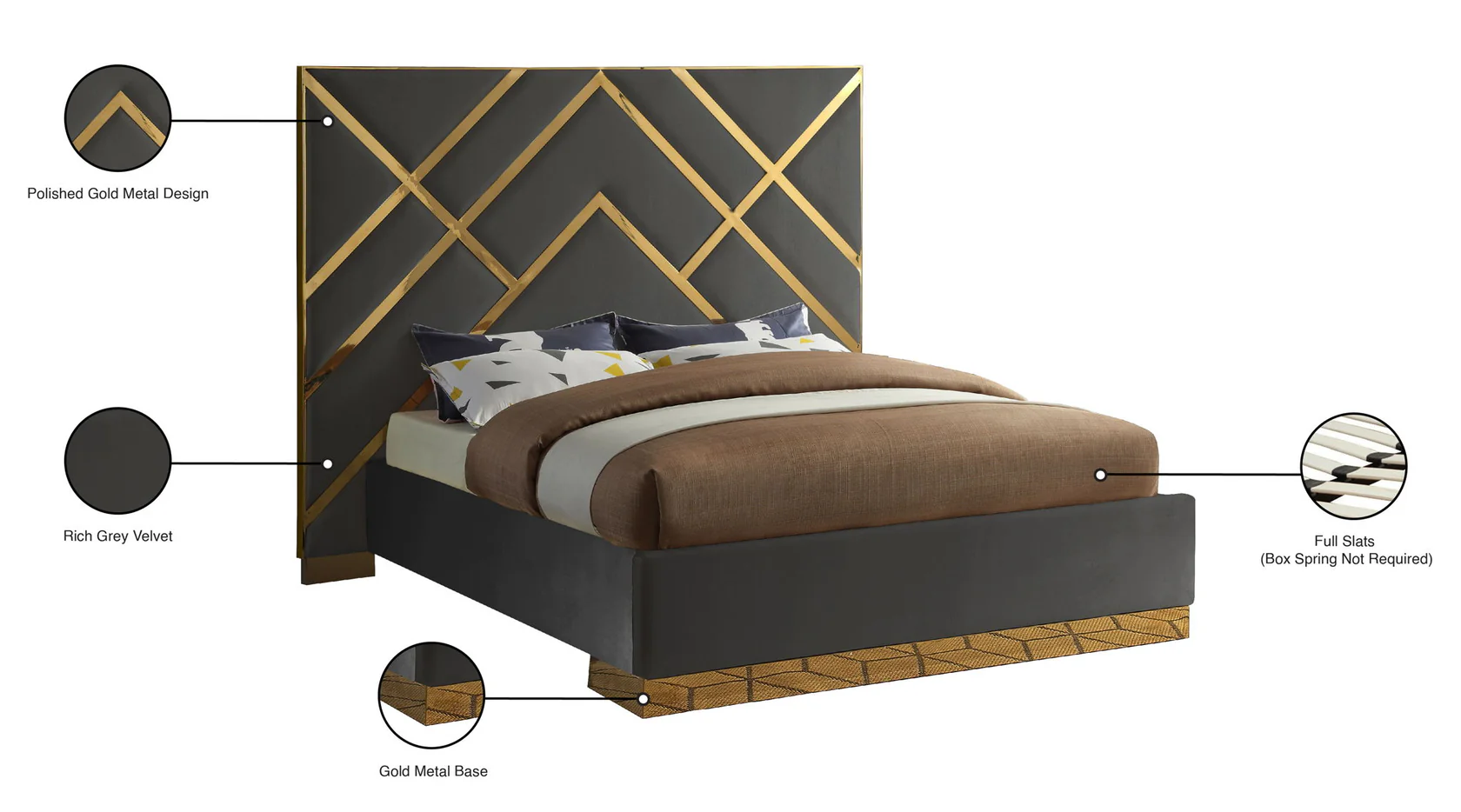 Zavior Luxury Velvet Upholstered Bed with Gold Accent Frame