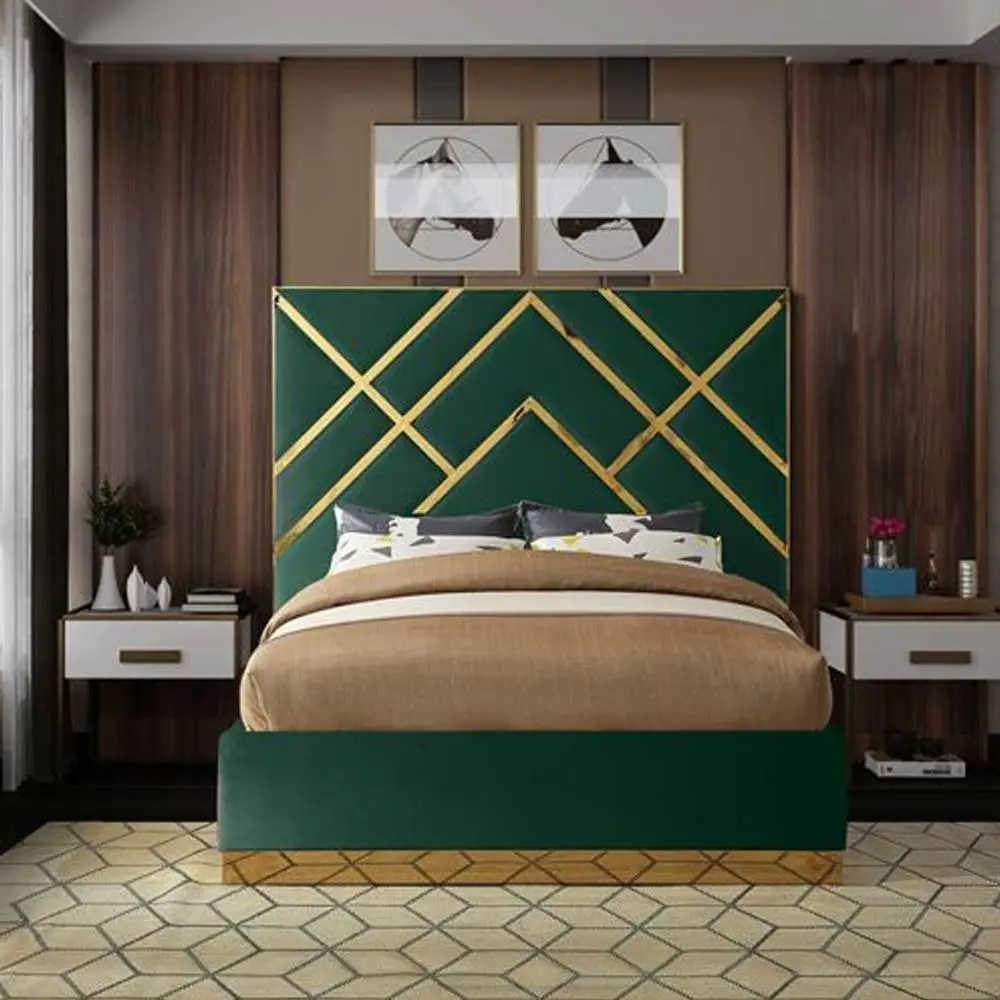Zavior Luxury Velvet Upholstered Bed with Gold Accent Frame