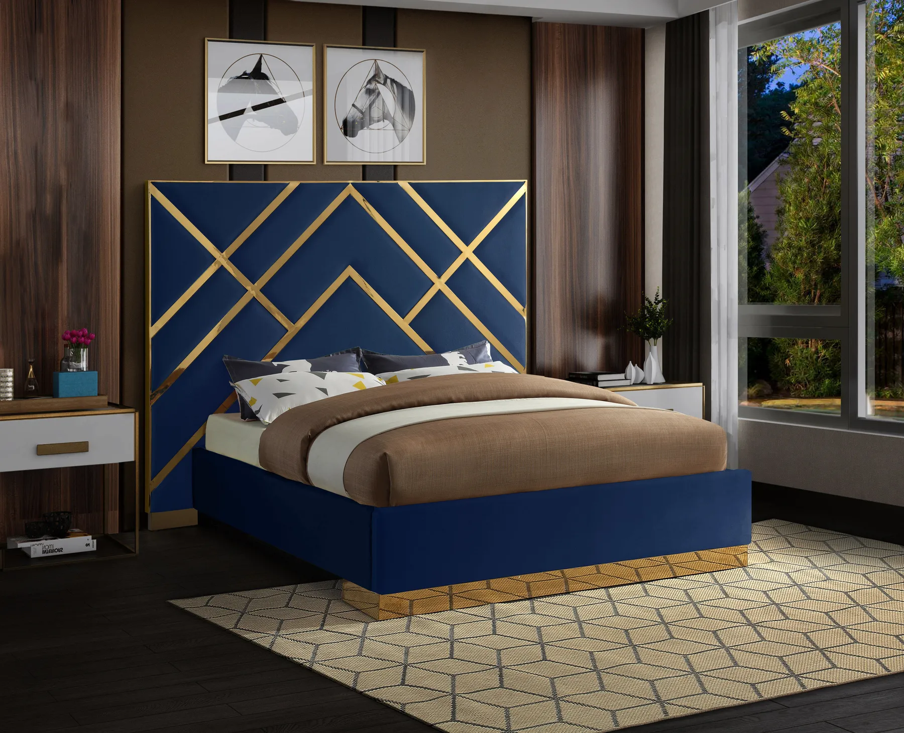 Zavior Luxury Velvet Upholstered Bed with Gold Accent Frame