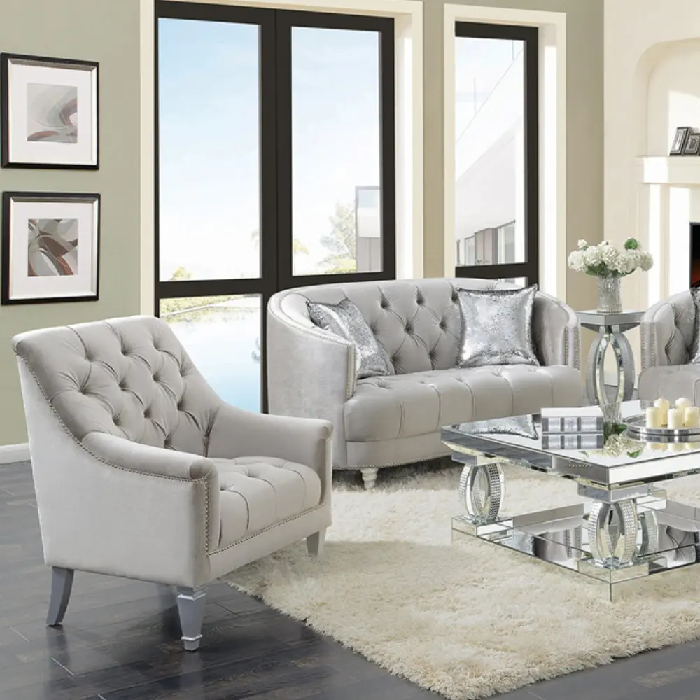 Traditional gray fabric tufted curved back sofa – furniture