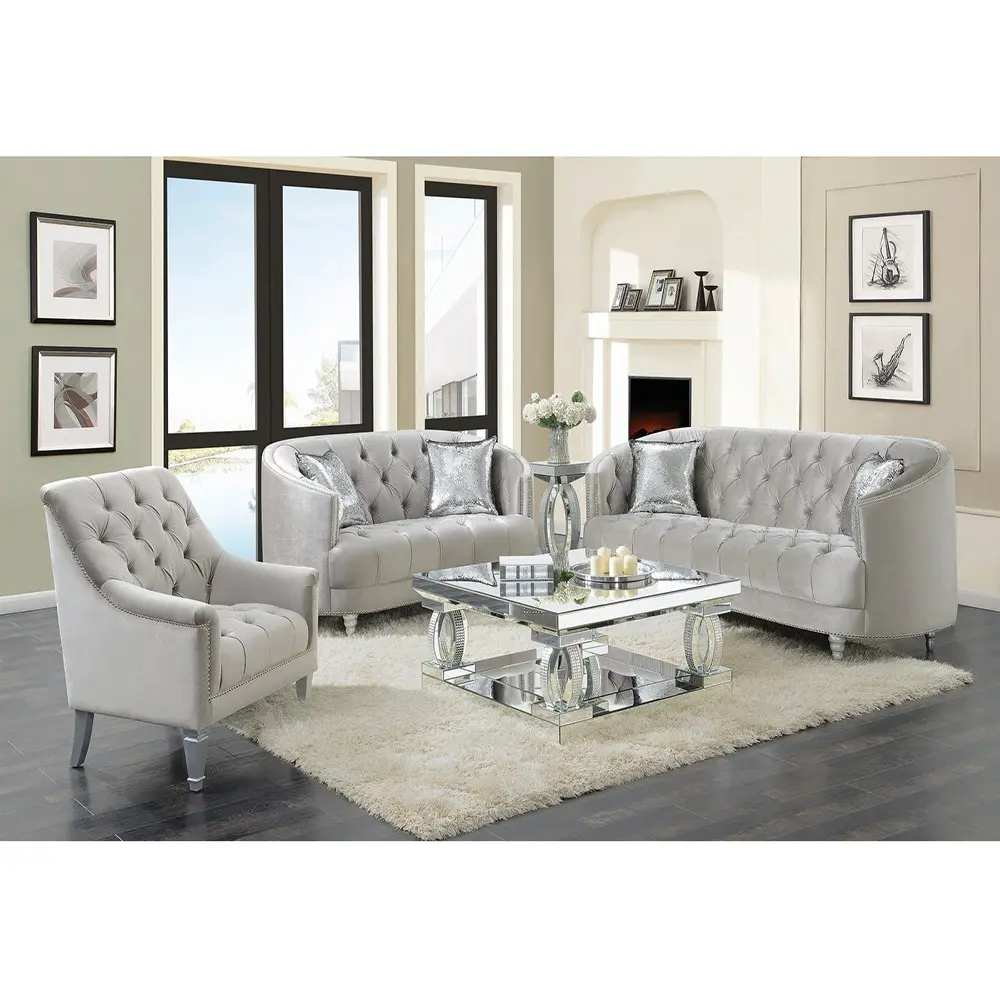 Traditional gray fabric tufted curved back sofa – furniture