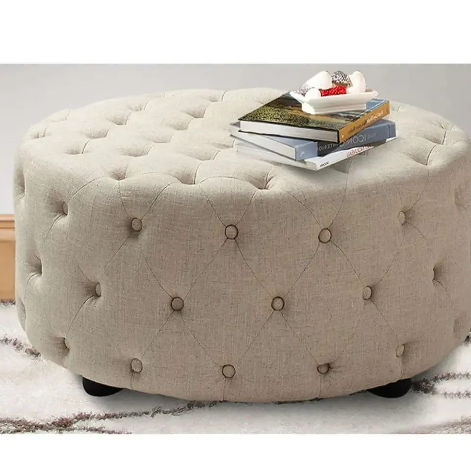 Linen Tufted Round Ottoman – furniture - product image 3