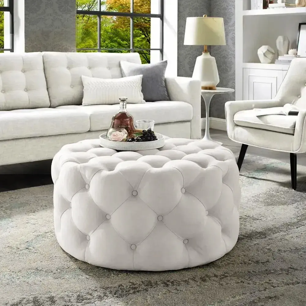 Linen Tufted Round Ottoman – furniture