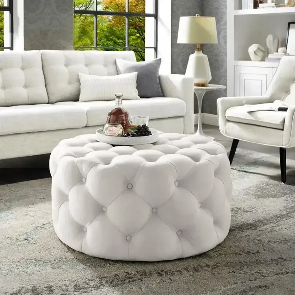 Linen Tufted Round Ottoman – furniture - product image 4
