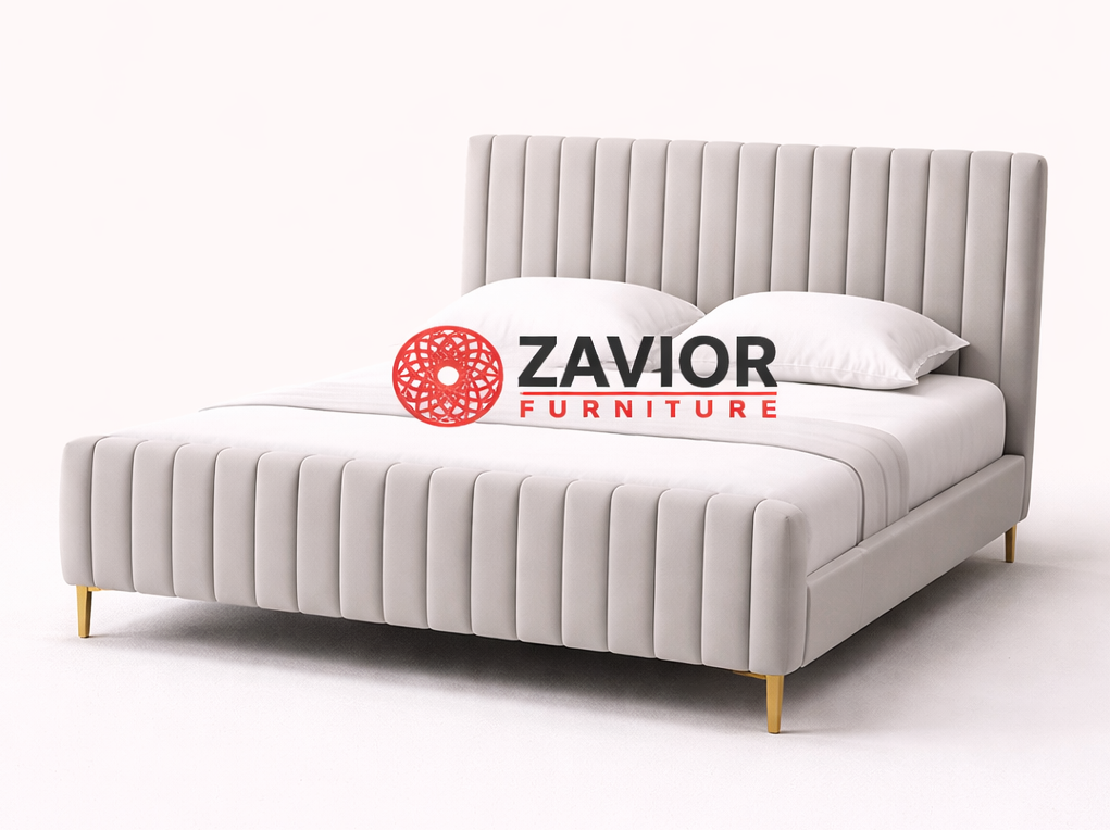 Zavior Grey Velvet Bed with Channel Tufted Headboard