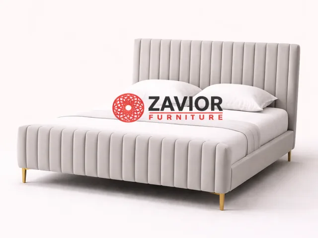 Zavior Grey Velvet Bed with Channel Tufted Headboard