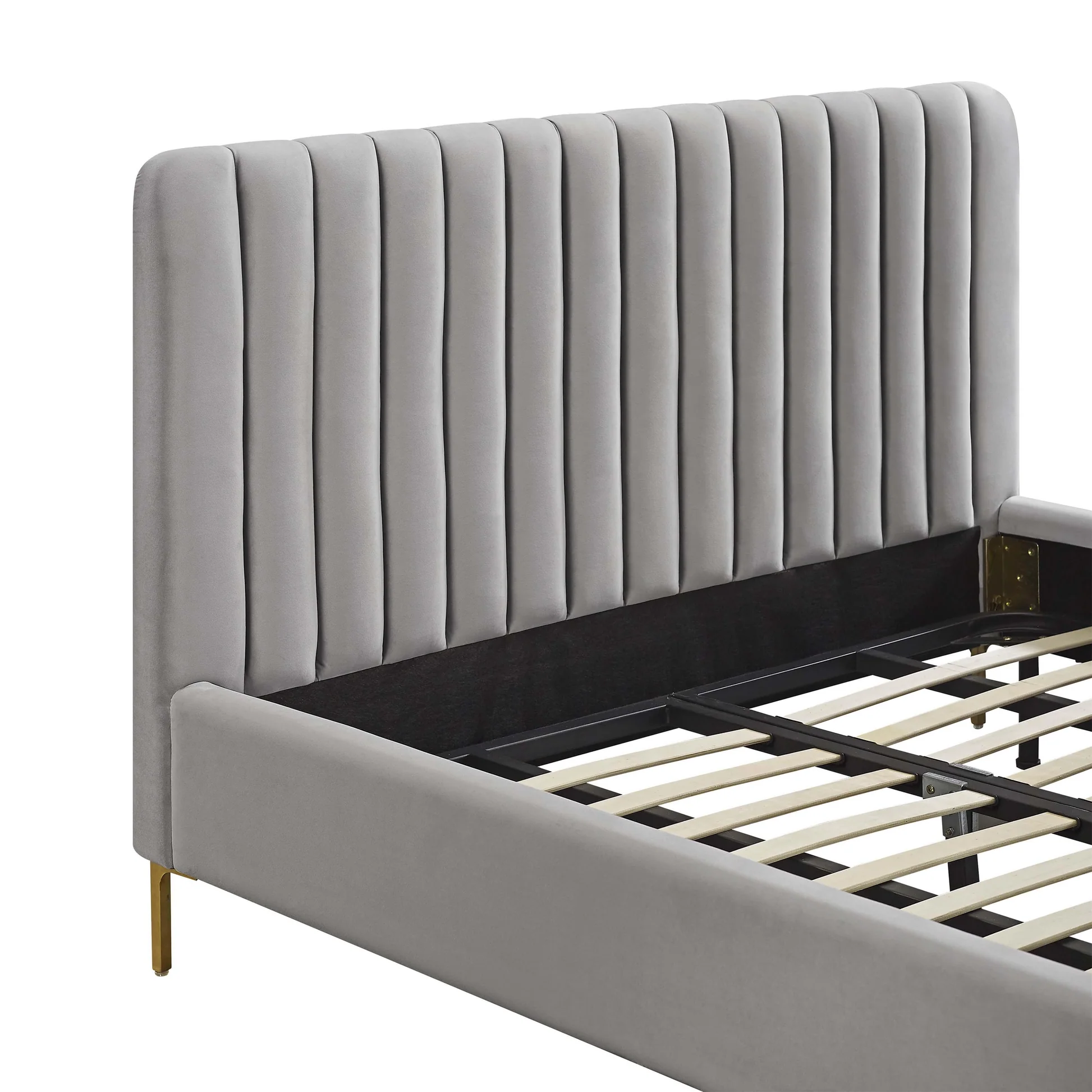 Zavior Grey Velvet Bed with Channel Tufted Headboard