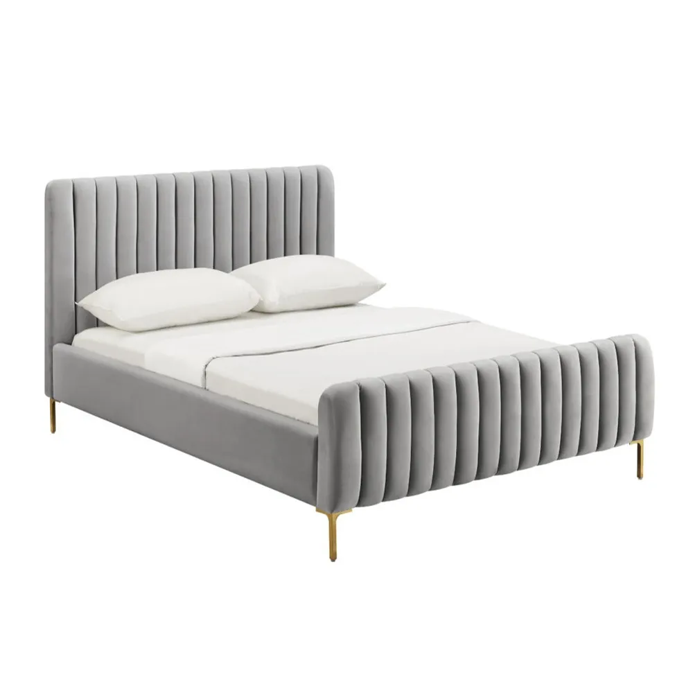Zavior Grey Velvet Bed with Channel Tufted Headboard