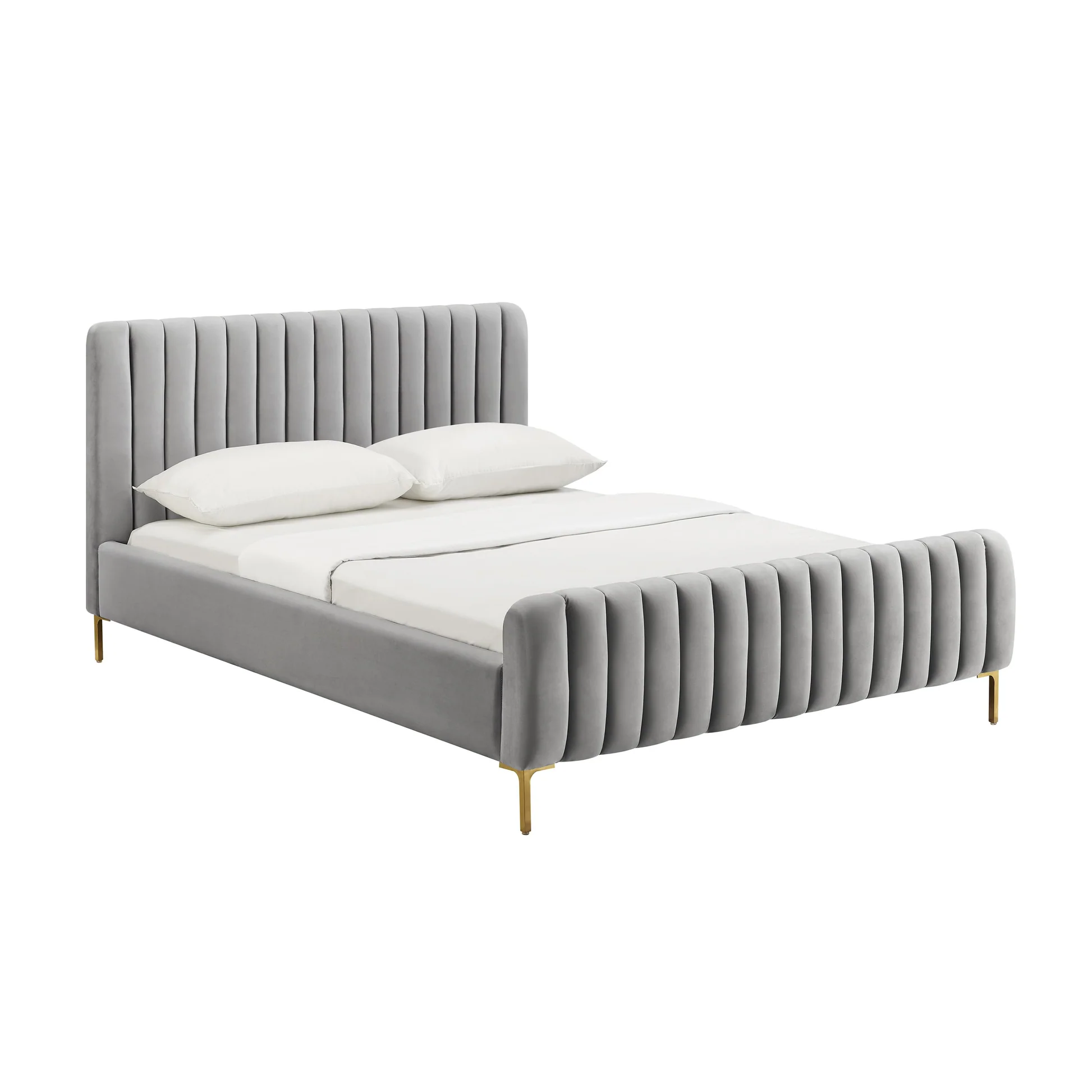 Zavior Grey Velvet Bed with Channel Tufted Headboard
