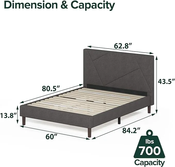 Zavior Dark Grey Upholstered Platform Bed with Tufted Headboard