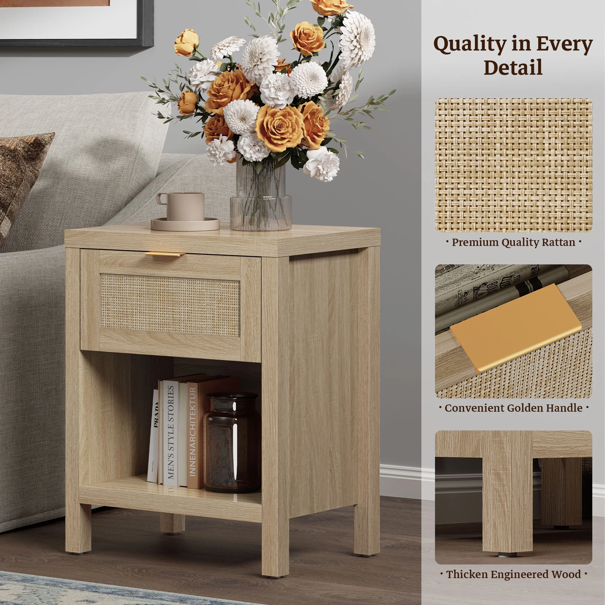 Zavior Farmhouse Rattan Nightstand Set of 2