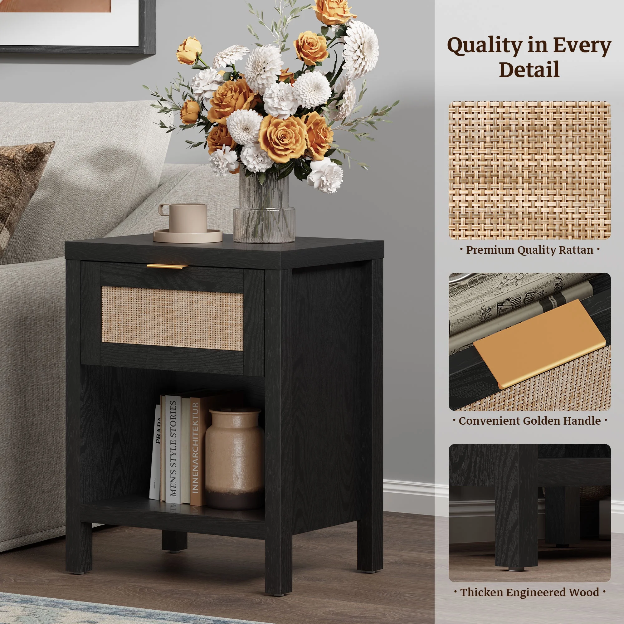 Zavior Farmhouse Rattan Nightstand Set of 2