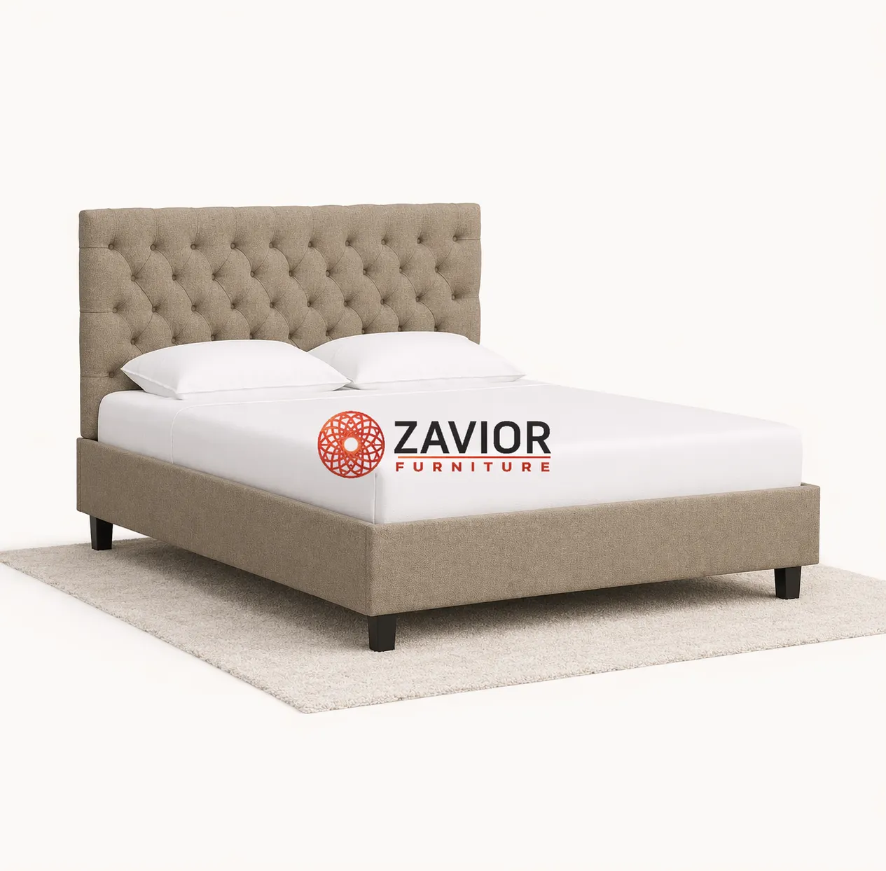 Zavior Beige Velvet Ottoman Bed with Chesterfield Headboard