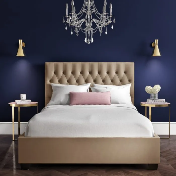 Zavior Beige Velvet Ottoman Bed with Chesterfield Headboard