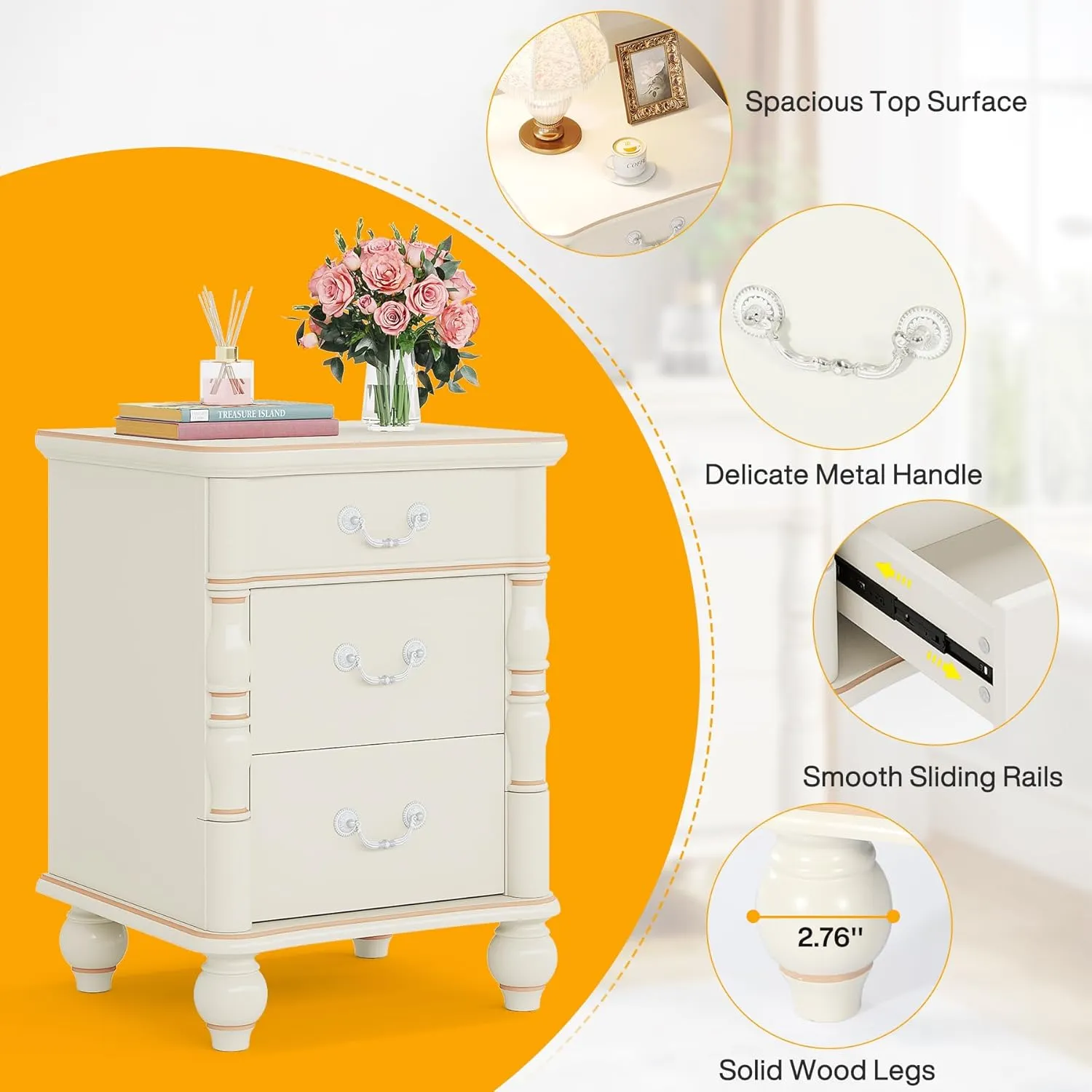 Zavior Modern 3-Drawer Nightstand with Solid Wood Legs