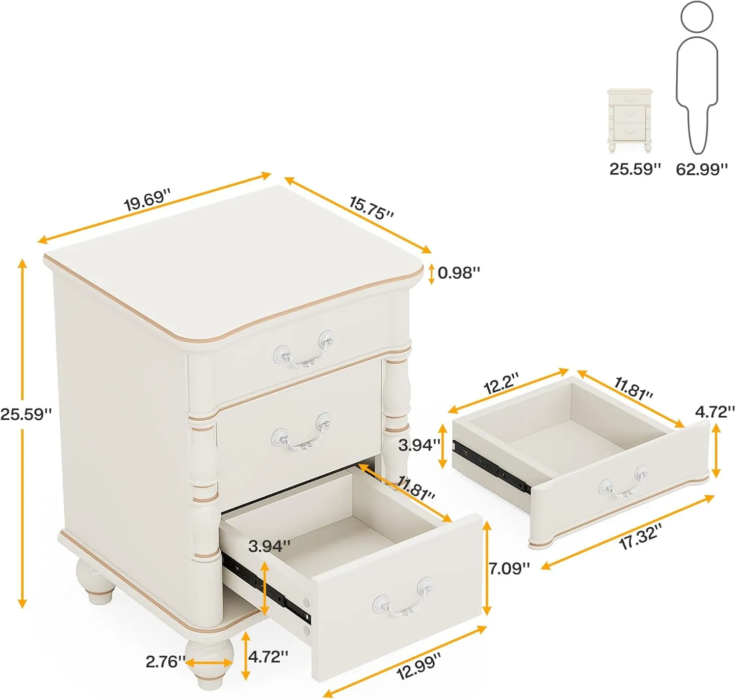 Zavior Modern 3-Drawer Nightstand with Solid Wood Legs